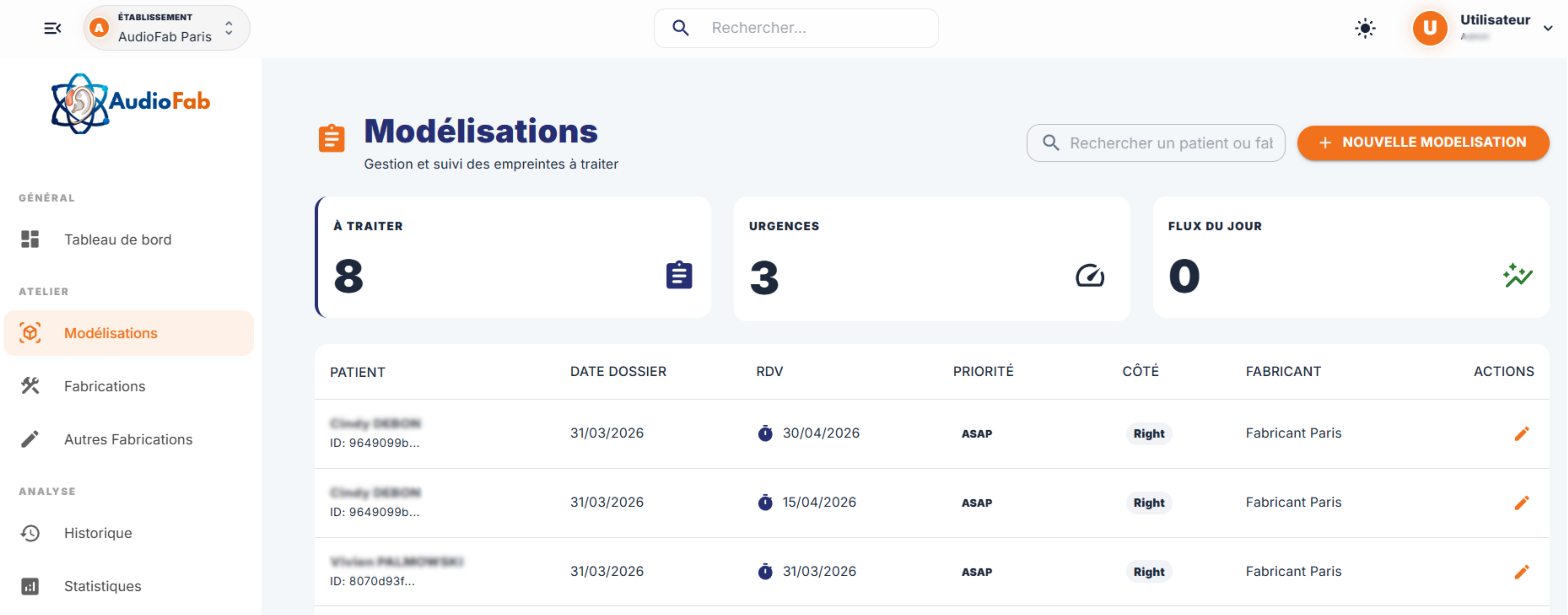 Interface AudioFab — tableau de bord de fabrication d'embouts auditifs